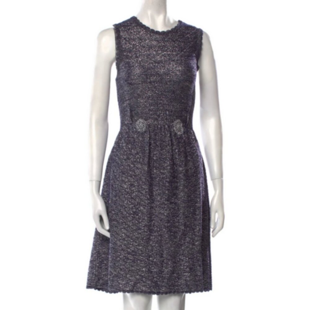 🌟 Manoush Navy Knit Dress w/ Metallic Thread & Crochet Flowers | Size Large